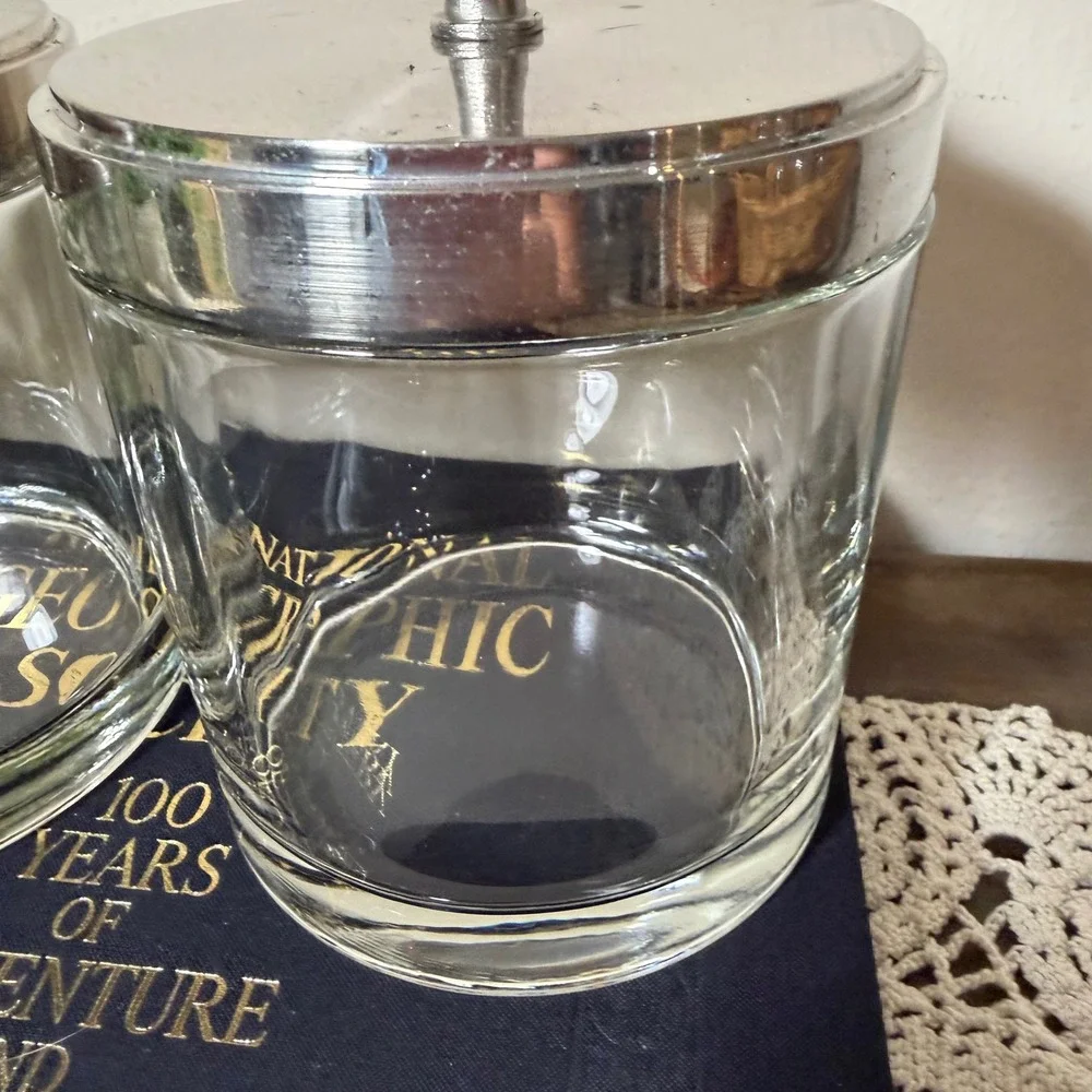 Vintage Set of 2 Glass Apothecary Jars with Silver Metal Lids and Finials